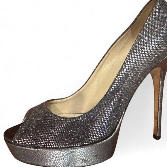 Jimmy Choo Glitter Peep-Toe Platform Pumps - Silver - Size 37EU / 6.5 US - Picture 1 of 9